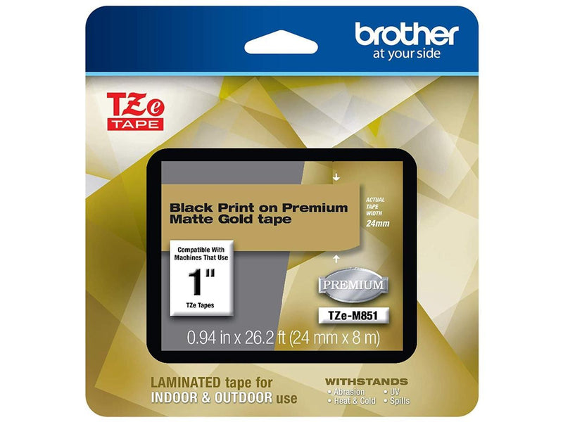 Brother TZeM851 Black Print on Premium Matte Gold Laminated Tape for P-touch Label Maker, 24 mm (0.94") Wide x 8 m (26.20 ft.) Long