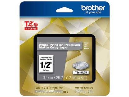 Brother TZeML35 White Print on Premium Matte Light Gray Laminated Tape for P-touch Label Maker, 12 mm (0.47") Wide x 8 m (26.20 ft.) Long