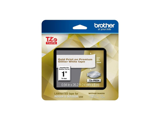 Brother TZePR254 Gold Print on Premium Glitter White Laminated Tape for P-touch Label Maker, 24 mm (0.94") Wide x 8 m (26.20 ft.) Long