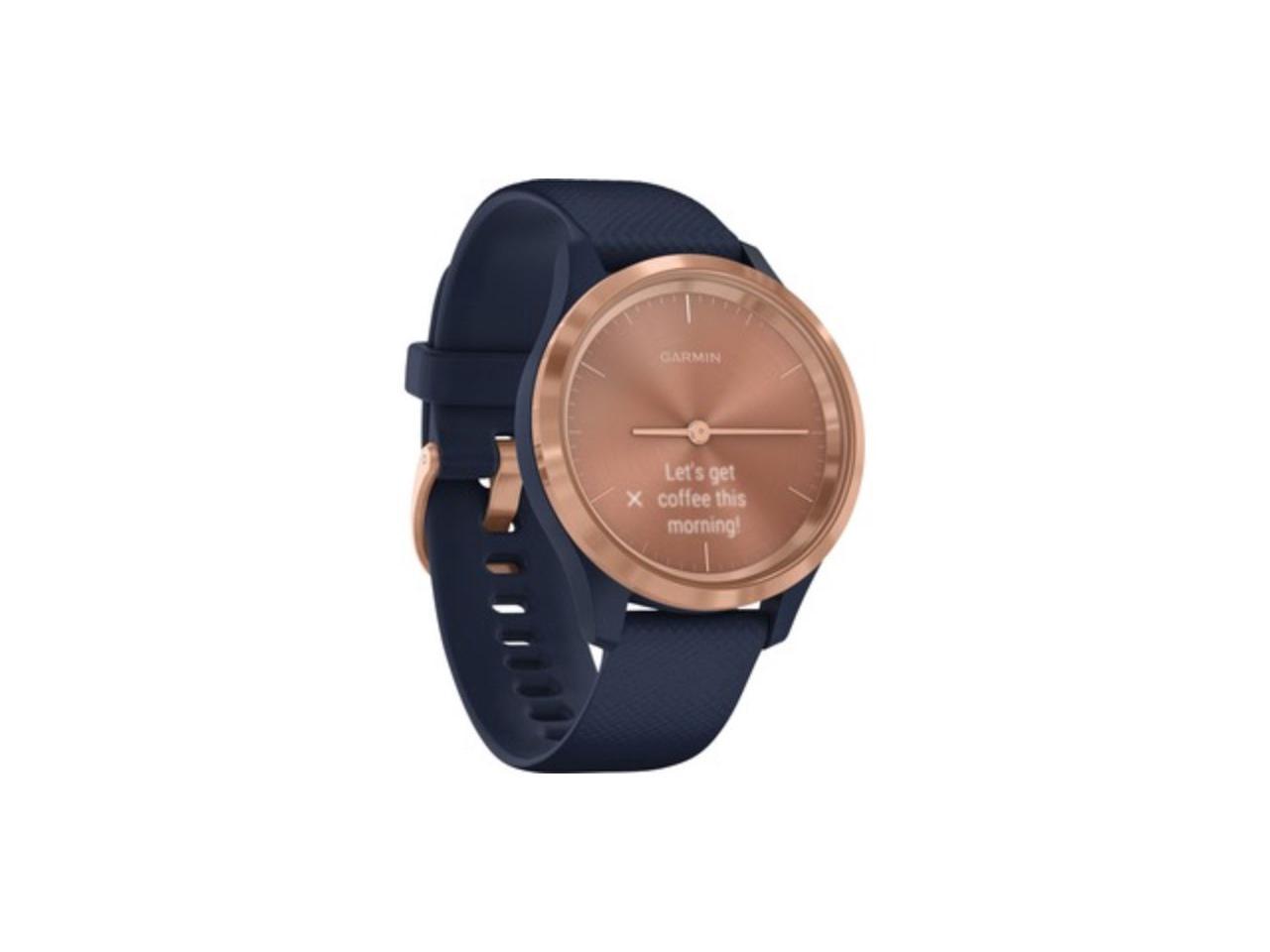 Garmin Vivomove 3S Hybrid Smartwatch with Real Watch Hands and Hidden Touchscreen Display - Navy Silicone with Rose Gold Hardware