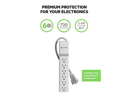 Belkin BE106000-08R 6-Outlet Power Strip Surge Protector w/ Flat Rotating Plug, 8ft Cord – Ideal for Personal Electronics, Small Appliances and More (720 Joules),White